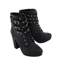 Womens Black Lace-Up Boots with Triple Strap Studded Accents