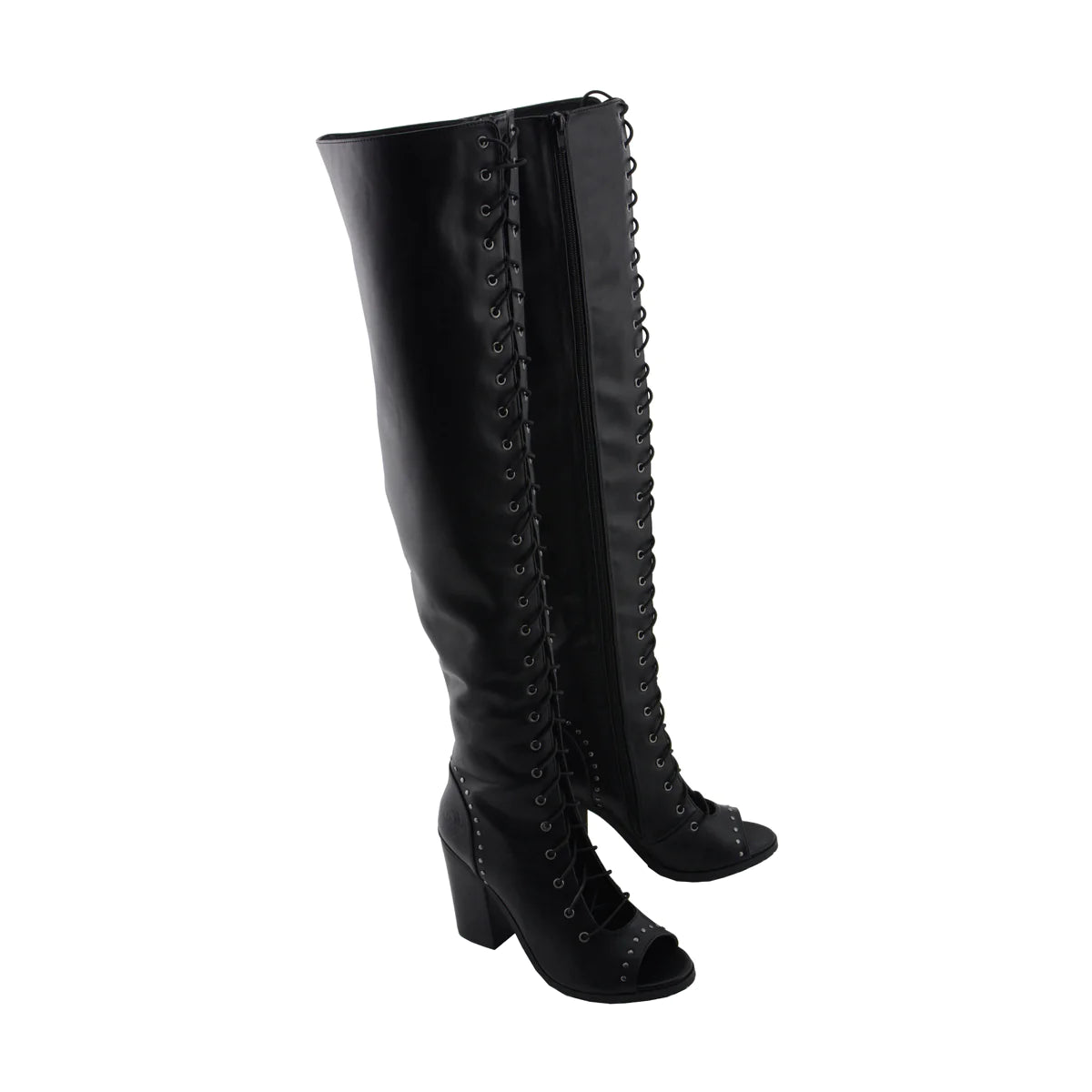 Black open toe top knee high boots