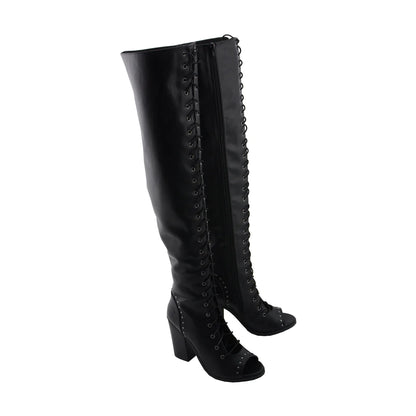 Womens Black Lace-Up Knee High Boots with Open Toe