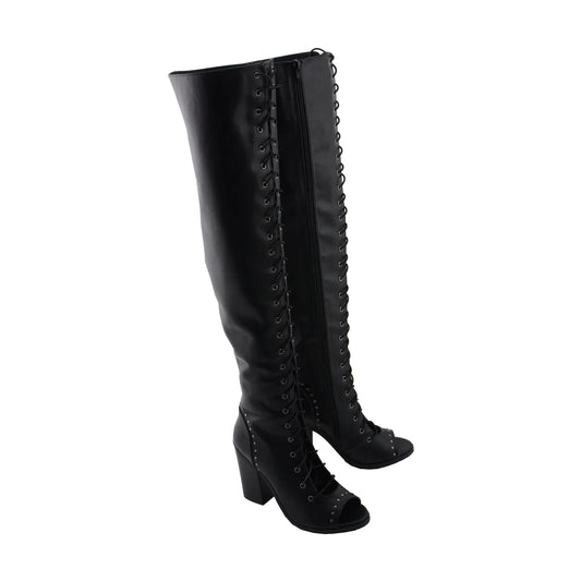 Womens Black Lace-Up Knee High Boots with Open Toe