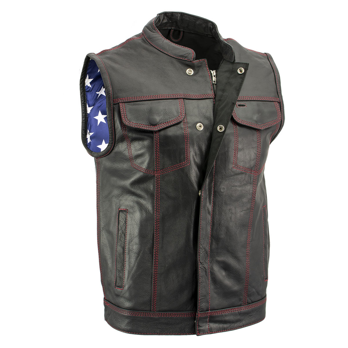Men's Black Premium Leather Motorcycle Rider Vest w/ Red Stitching and USA Inside Flag Lining