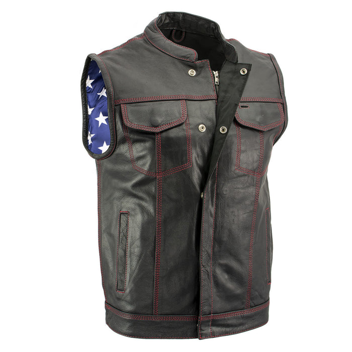 Men's Black Premium Leather Motorcycle Rider Vest w/ Red Stitching and USA Inside Flag Lining