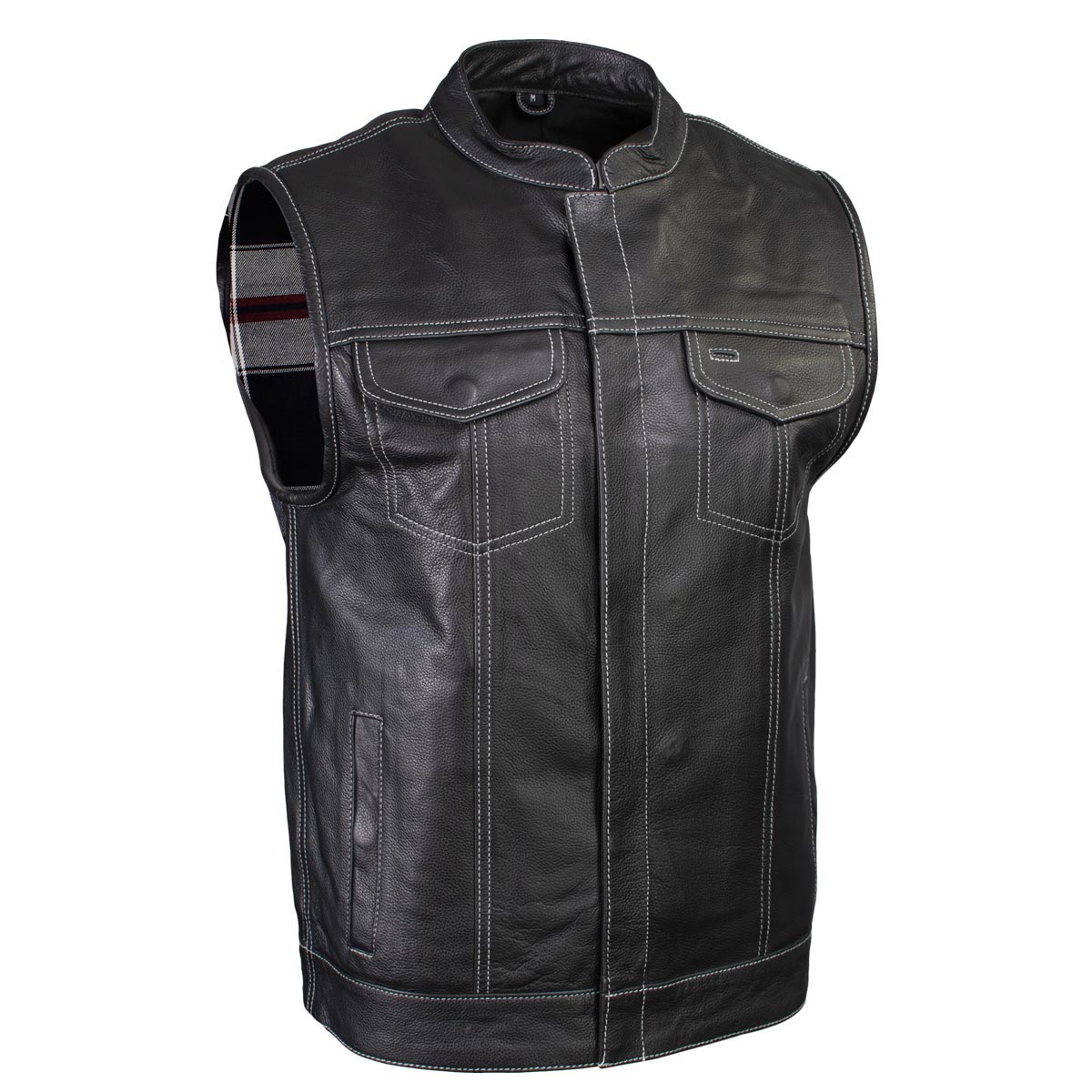 Men's Classic Black Leather Motorcycle Vest with Inside Flannel Liner