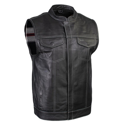 Men's Classic Black Leather Motorcycle Vest with Inside Flannel Liner