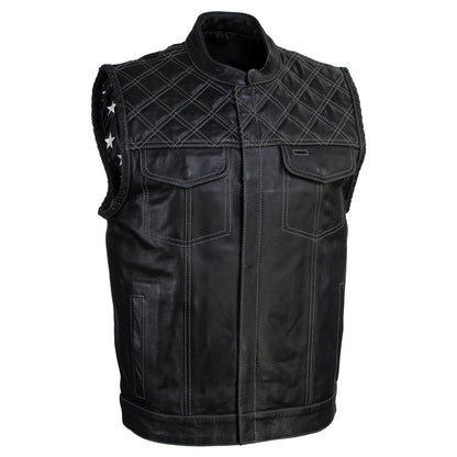 Men's Classic Black Leather Motorcycle Rider Vest Stars and Stripes Design w/ USA Flag Liner