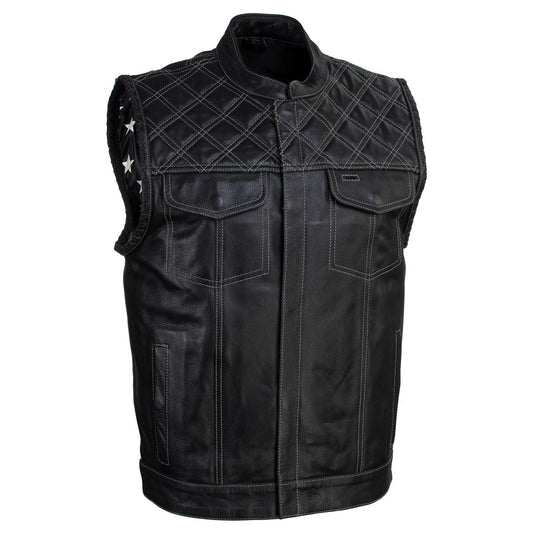 Men's Classic Black Leather Motorcycle Rider Vest Stars and Stripes Design w/ USA Flag Liner