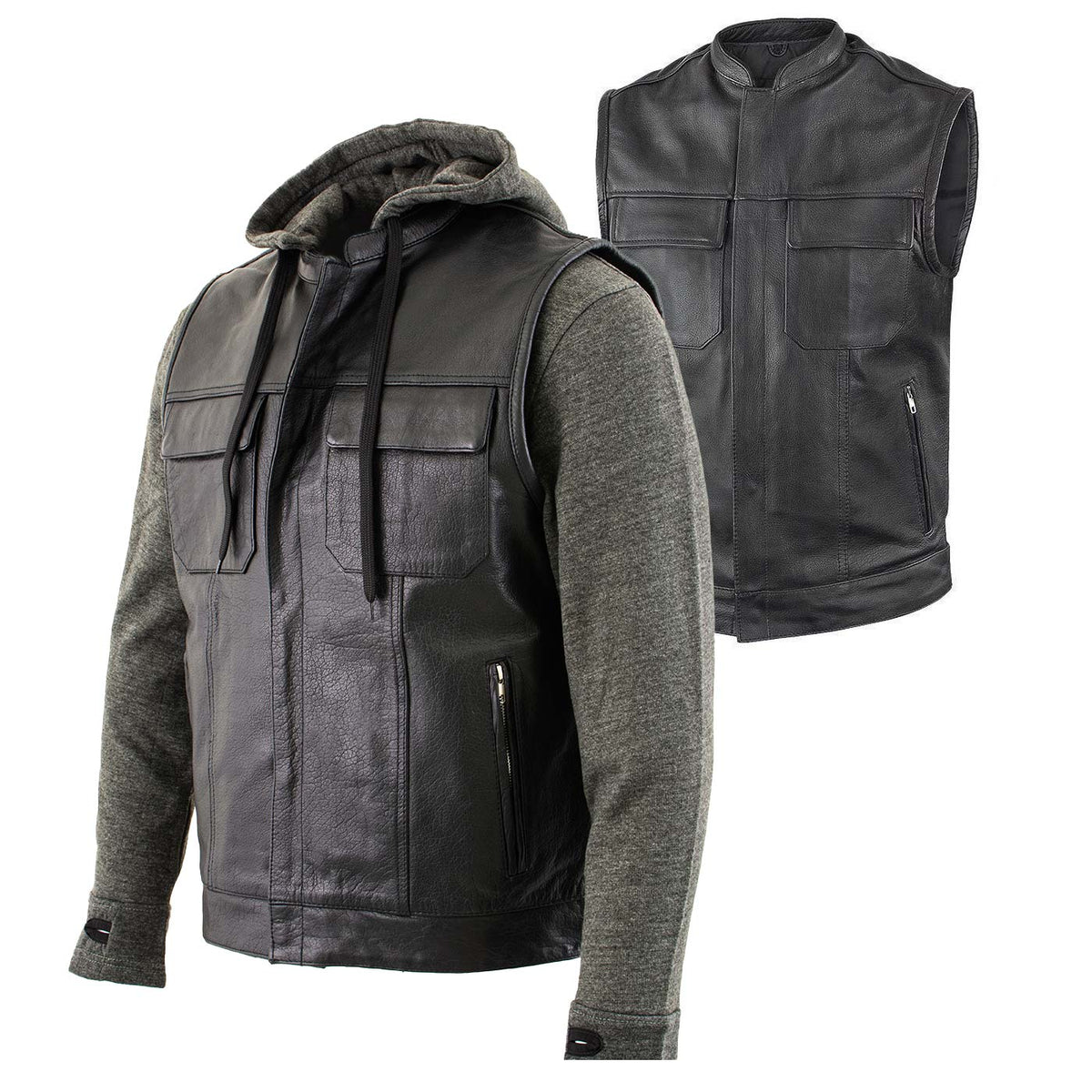 Men's 2 in 1 Classic Black Premium Leather Motorcycle Hoodie Jacket w/ Convertible Vest
