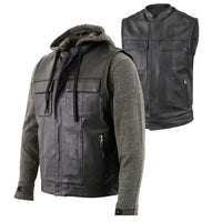Men's 2 in 1 Classic Black Premium Leather Motorcycle Hoodie Jacket w/ Convertible Vest