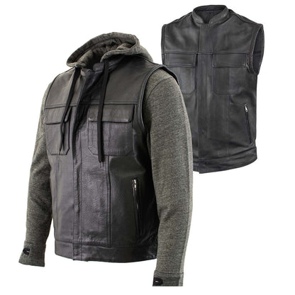 Men's 2 in 1 Classic Black Premium Leather Motorcycle Hoodie Jacket w/ Convertible Vest