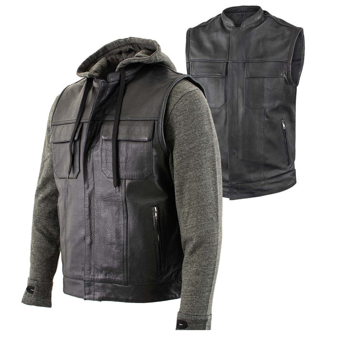 Men's 2 in 1 Classic Black Premium Leather Motorcycle Hoodie Jacket w/ Convertible Vest