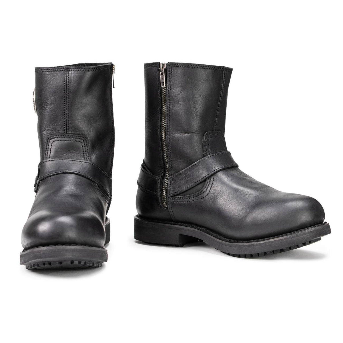 Men's Black Leather Short Harness Motorcycle Boots with Inside Zipper