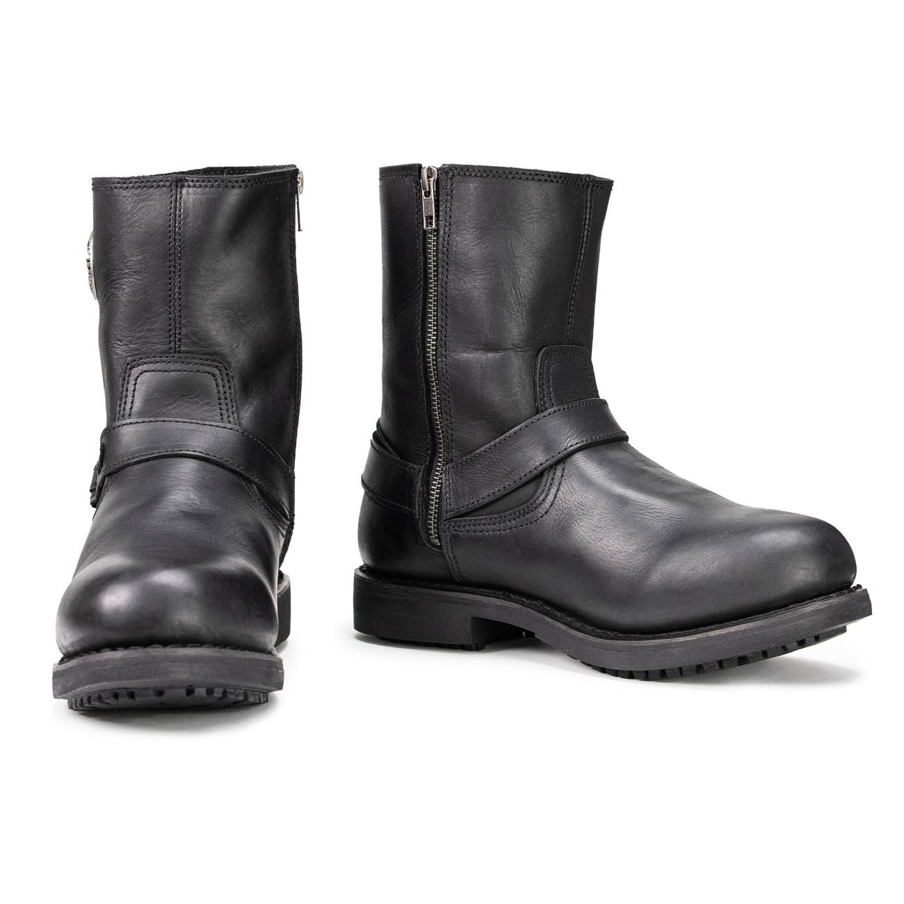 Men's Black Leather Short Harness Motorcycle Boots with Inside Zipper