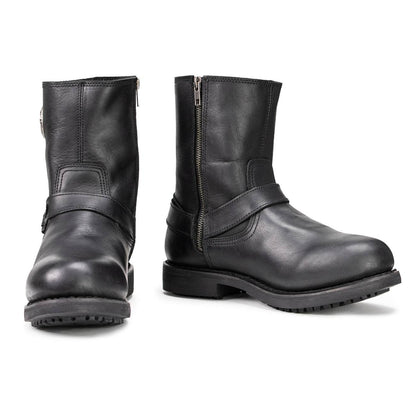 Men's Black Leather Short Harness Motorcycle Boots with Inside Zipper