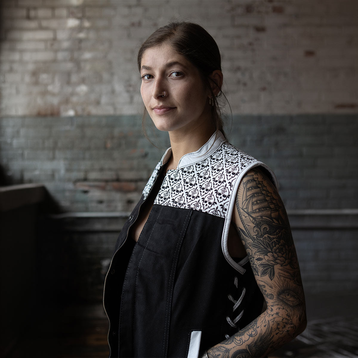 Women's 'Skelly' Black with White Motorcycle Denim Vest w/ Skull Embroidery