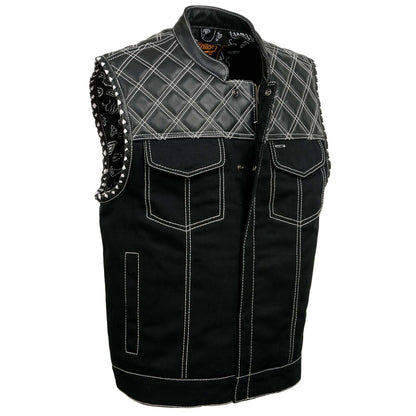 Men's 'Wrecker' Black Denim and Leather Club Style Vest w/ Diamond Quilt Design