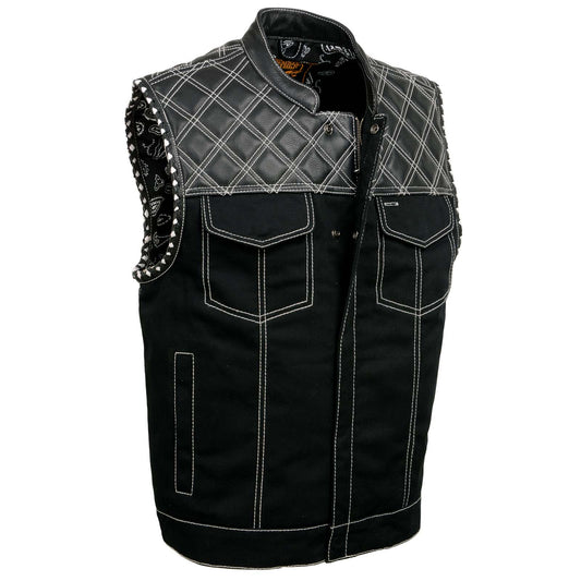 Men's 'Wrecker' Black Denim and Leather Club Style Vest w/ Diamond Quilt Design