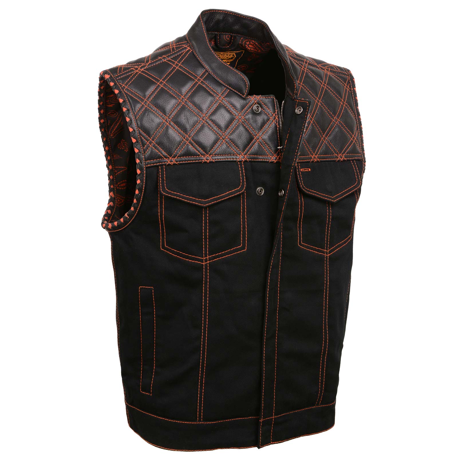 Men's 'Wrecker' Black Denim and Leather Club Style Vest w/ Diamond