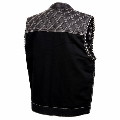 Men's 'Wrecker' Black Denim and Leather Club Style Vest w/ Diamond Quilt Design