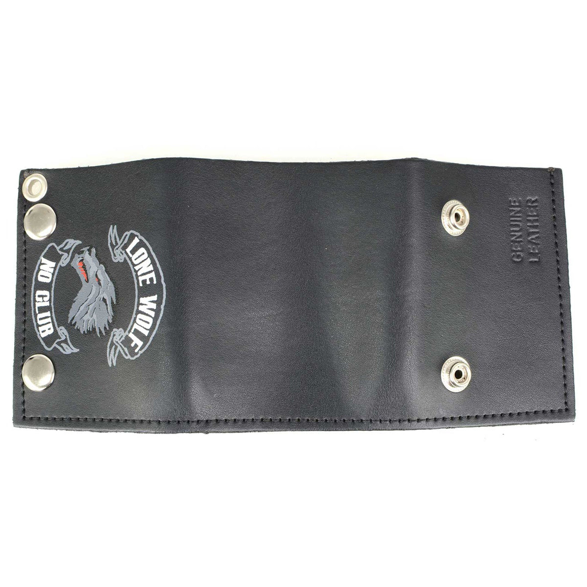 Men's 4” Leather “Lone Wolf No Club” Tri-Fold Wallet w/ Anti-Theft Stainless Steel Chain