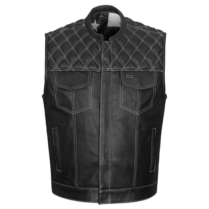 Men's Zipper and Snap Closure Leather Club Vest with American Flag Liner White Stitching