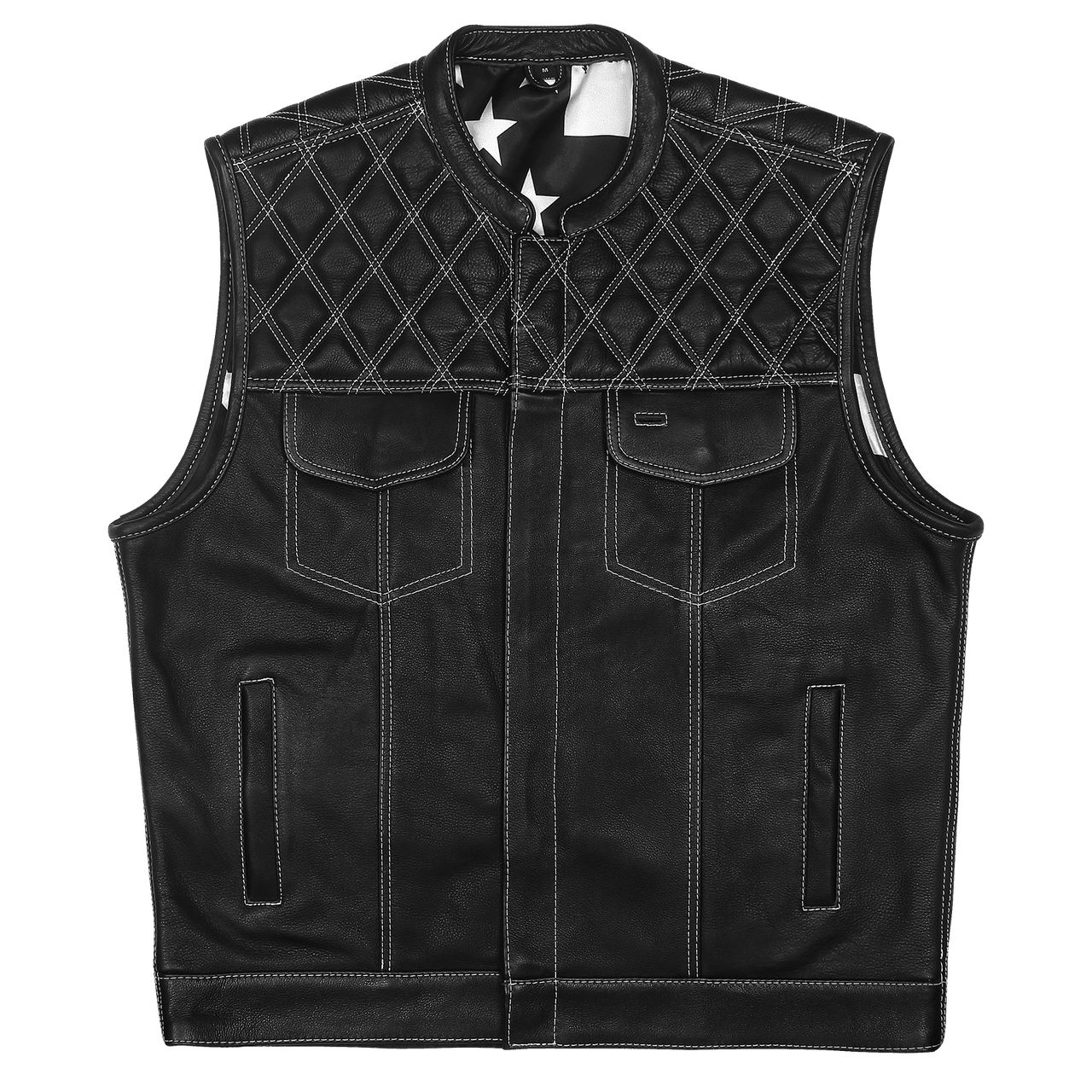 Men's Zipper and Snap Closure Leather Club Vest with American Flag Liner White Stitching