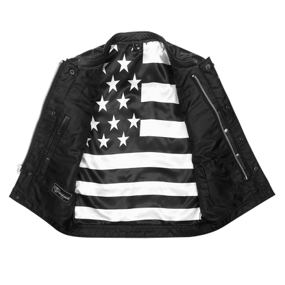Men's Zipper and Snap Closure Leather Club Vest with American Flag Liner White Stitching