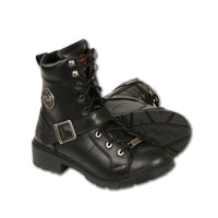 LADIES MOTORCYCLE LACE TO TOE SIDE BUCKLE LEATHER BOOT W/ PLAIN TOE