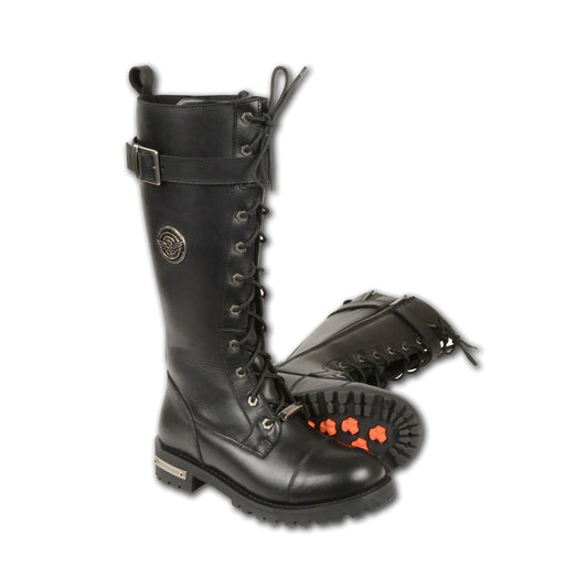 LADIES MOTORCYCLE 14 INCH LACE TO TOE HIGH RISE LEATHER BOOT W/ CALF BUCKLE