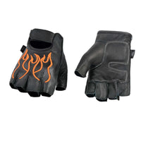 Men's Black Leather Gel Padded Palm Fingerless Motorcycle Hand Gloves W/ ‘Orange Flame Embroidered’