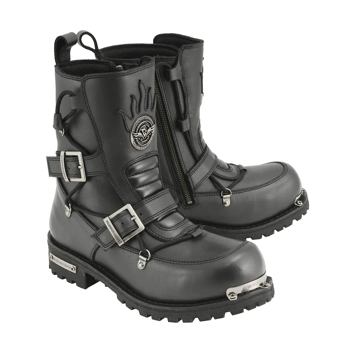 Men’s Black 'Tactical' Logger Leather Boots with Buckle Enhancement