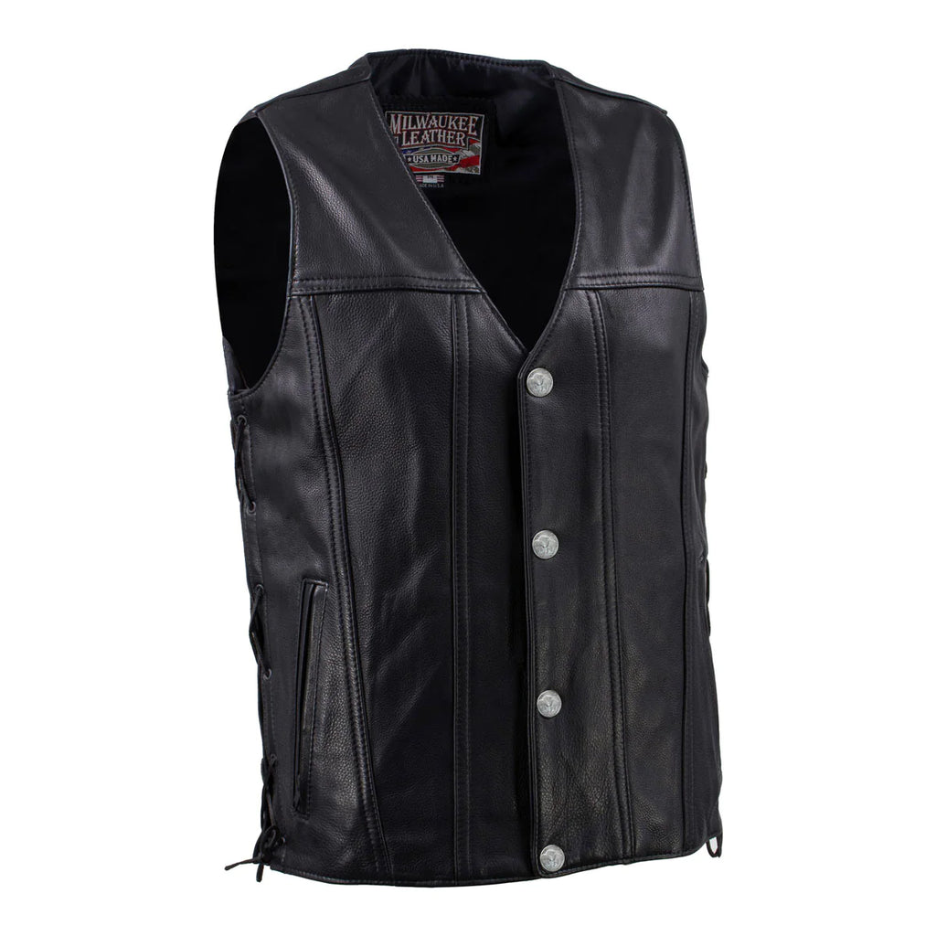 Men's Black 'Road Whip' Premium Motorcycle Leather Vest with 