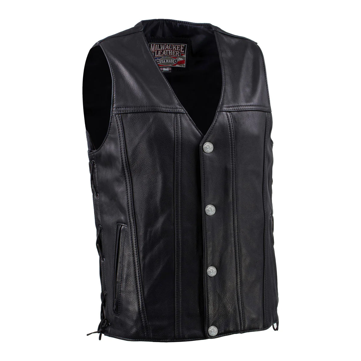Men's Black 'Road Whip' Premium Motorcycle Leather Vest with Buffalo Snap Buttons