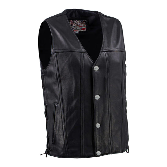 Men's Black 'Road Whip' Premium Motorcycle Leather Vest with Buffalo Snap Buttons