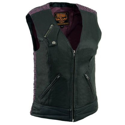 Ladies 'Crinkled' Black and Purple Lightweight Leather Vest