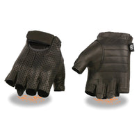 Men's Black Leather Gel Padded Palm Fingerless Motorcycle Hand Gloves W/ ‘Welted Perforated Leather’