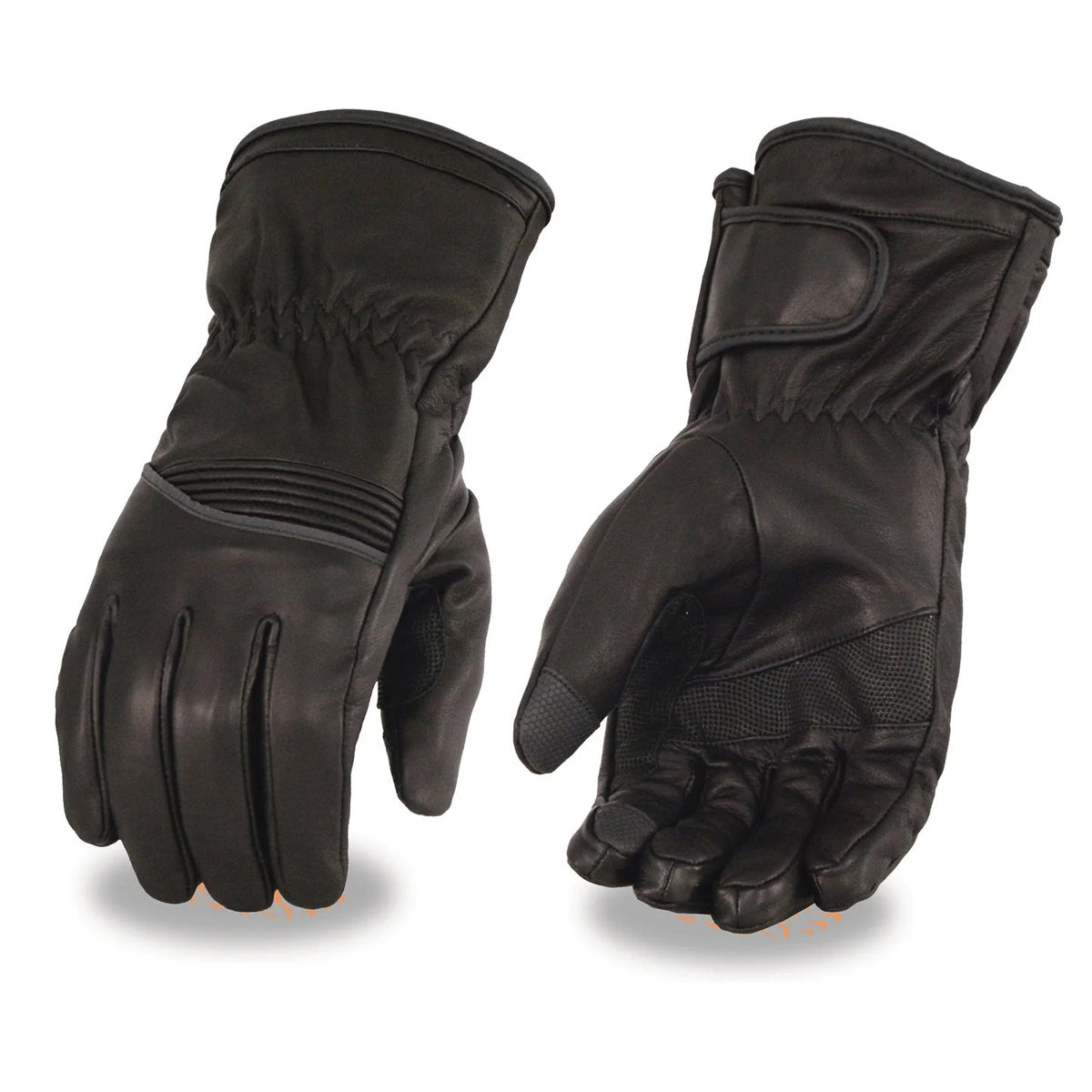 Men's Black Cowhide Leather Gauntlet Motorcycle Hand Gloves W/ i-Touch Screen and Waterproof