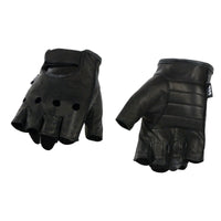 Men's Black Leather Perforated Gel Padded Palm Fingerless Motorcycle Hand Gloves W/ ‘Open Knuckle’