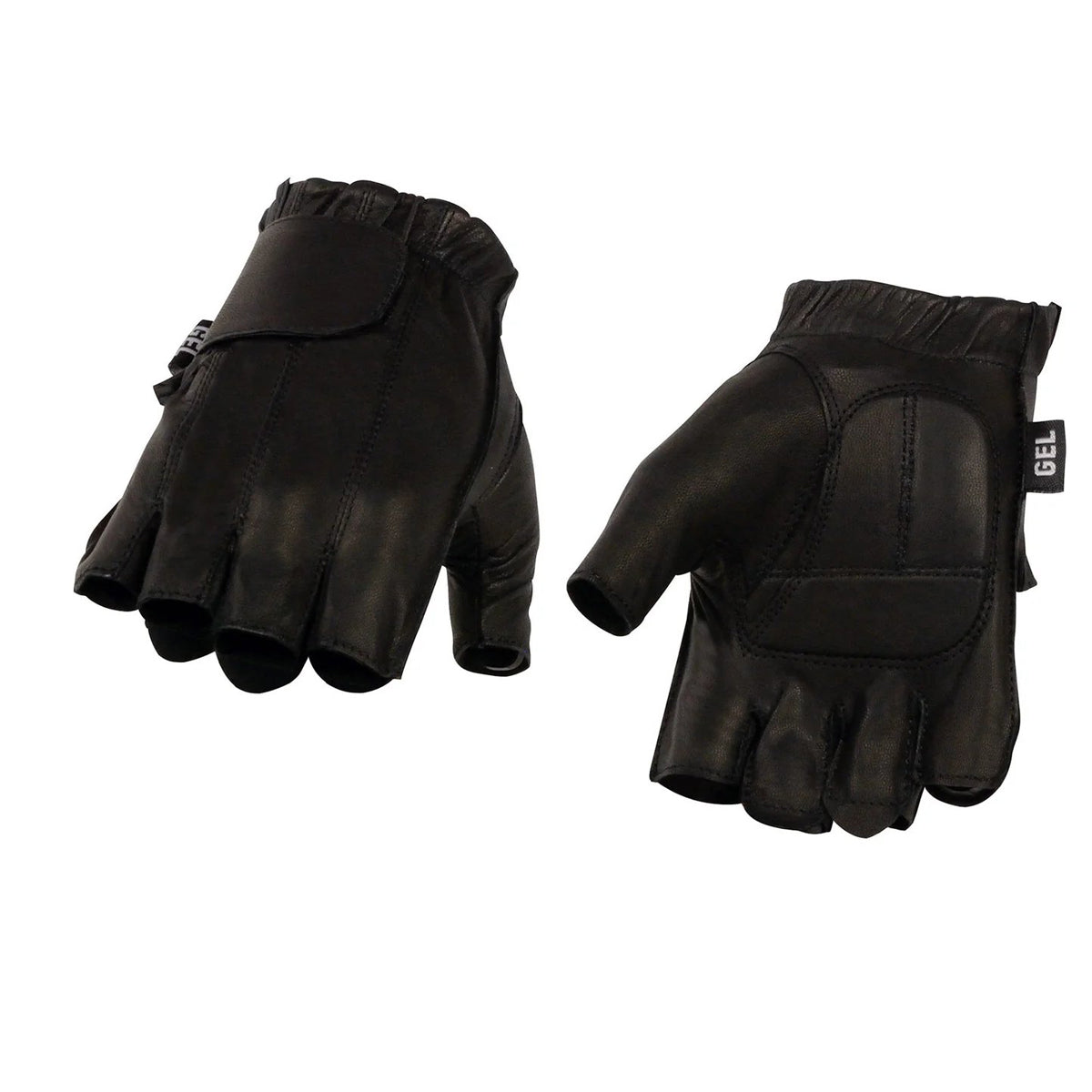 Men's Black Leather Gel Padded Palm Fingerless Motorcycle Hand Gloves W/ Soft ‘Genuine Leather’