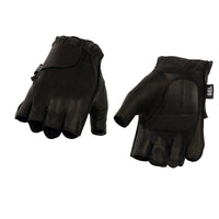 Men's Black Leather Gel Padded Palm Fingerless Motorcycle Hand Gloves W/ Soft ‘Genuine Leather’