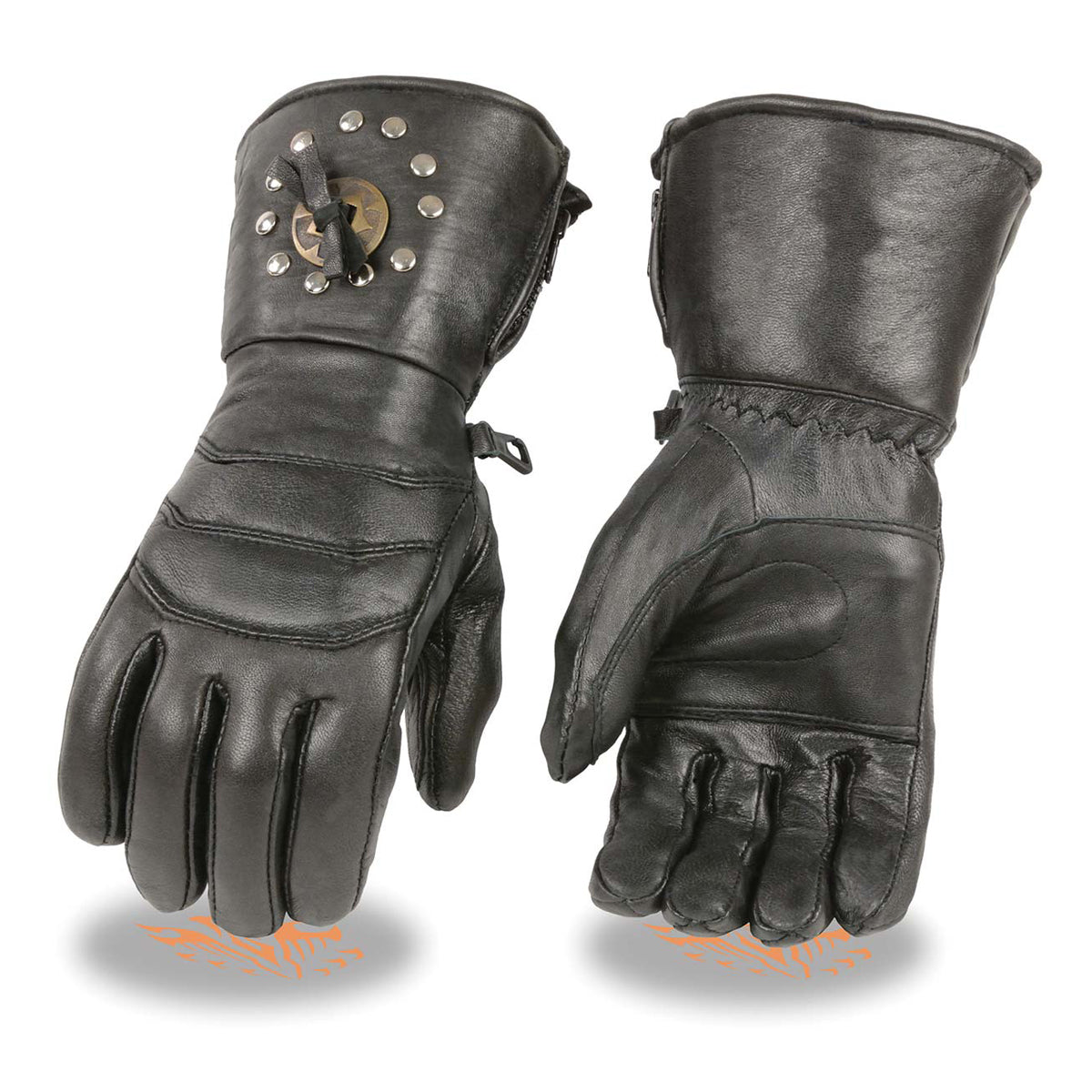 Men's Black Gauntlet Leather Gloves with Conchos