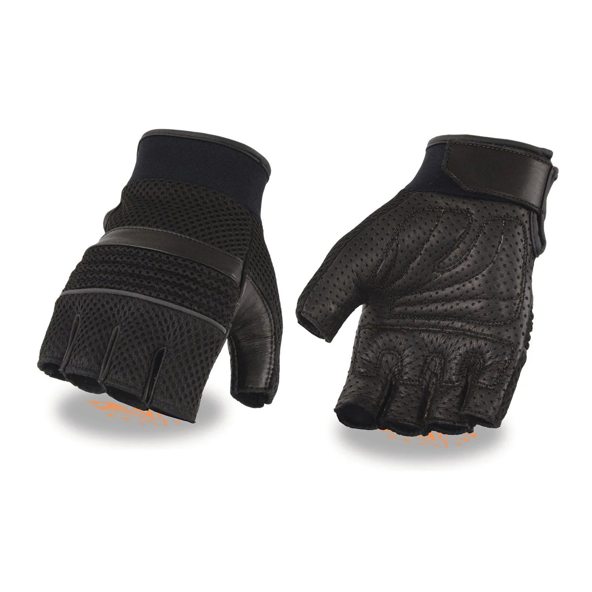 Men's Black Perforated Mesh Gel Palm Fingerless Motorcycle Hand Gloves W/ ‘Reflective Piping’