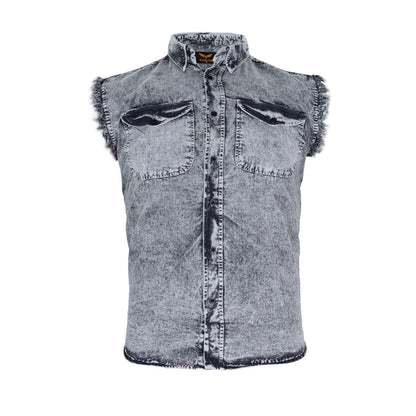 Mens Biker Cut off Cotton Shirt Stonewash Black/White