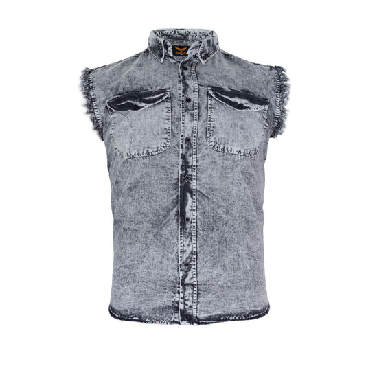 Mens Biker Cut off Cotton Shirt Stonewash Black/White