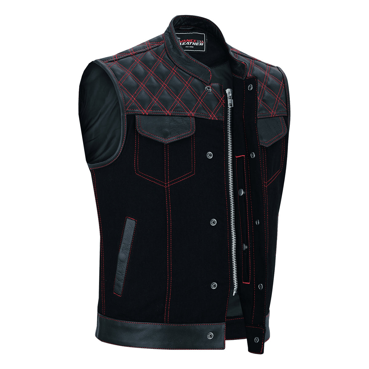 soa gear Men's Denim & Leather Motorcycle Vest with Conceal Carry Pockets, SOA Biker Club Vest Red Stitching, Diamond Padding, Snap & Zipper Closure