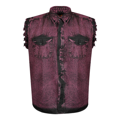 Mens Biker Cut off Cotton Shirt Stonewash Burgundy