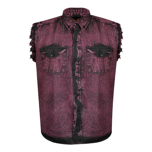 Mens Biker Cut off Cotton Shirt Stonewash Burgundy