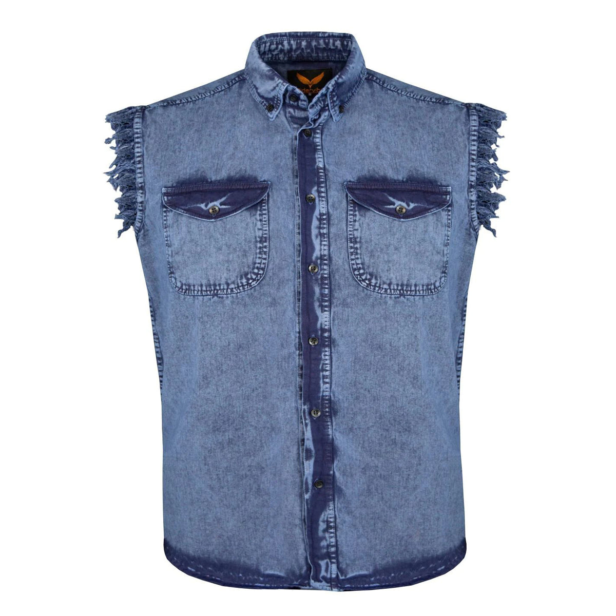 Mens Biker Cut off Cotton Shirt Stonewash Royal Blue