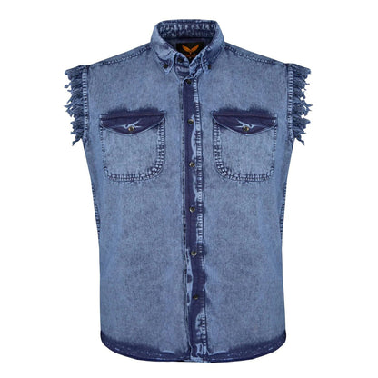 Mens Biker Cut off Cotton Shirt Stonewash Royal Blue