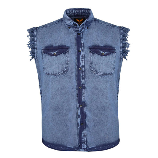 Mens Biker Cut off Cotton Shirt Stonewash Royal Blue