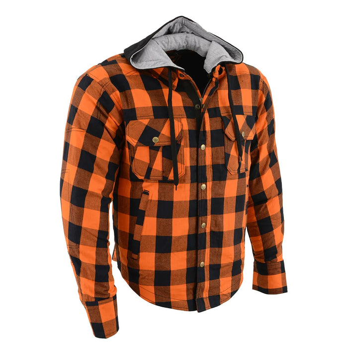 Men's Plaid Hooded Flannel Biker Shirt with CE Approved Armor - Reinforced w/ Aramid Fibers